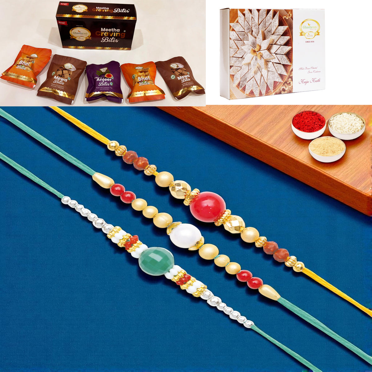 Set of 3 Pearl rakhis abc (83, 87, 159) with Asorted bites box and 200 gms of Kaju katli