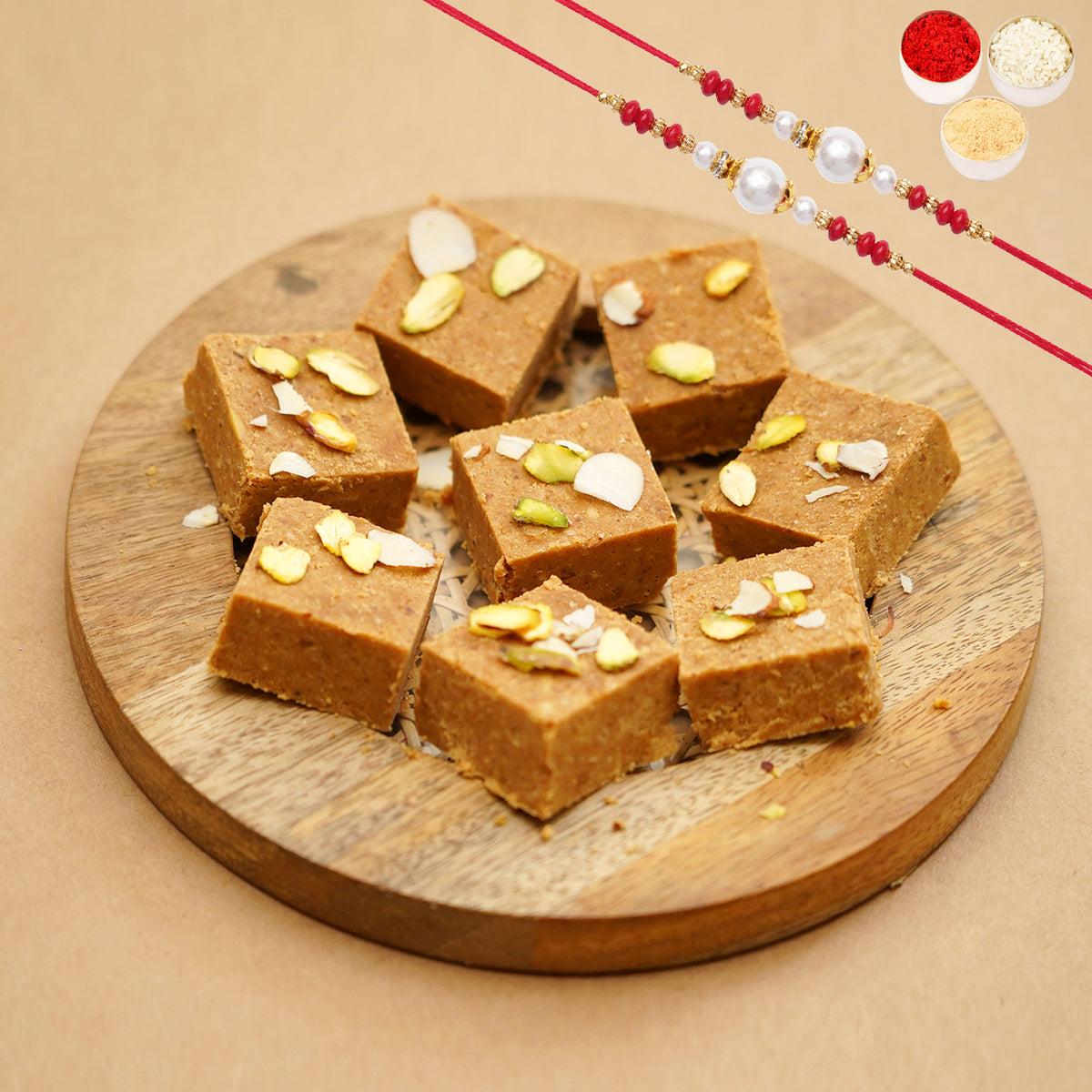 Rakhi Gifts-Sugarfree Besan barfi 200 gms with Rakhi