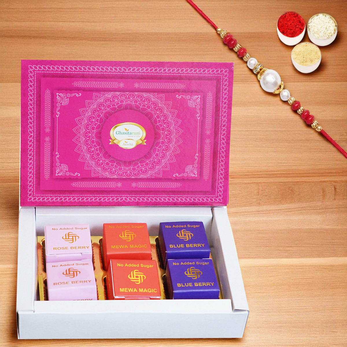 Rakhi Gifts-Sugarfree Assorted Mewa bites 6pcs with Rakhi