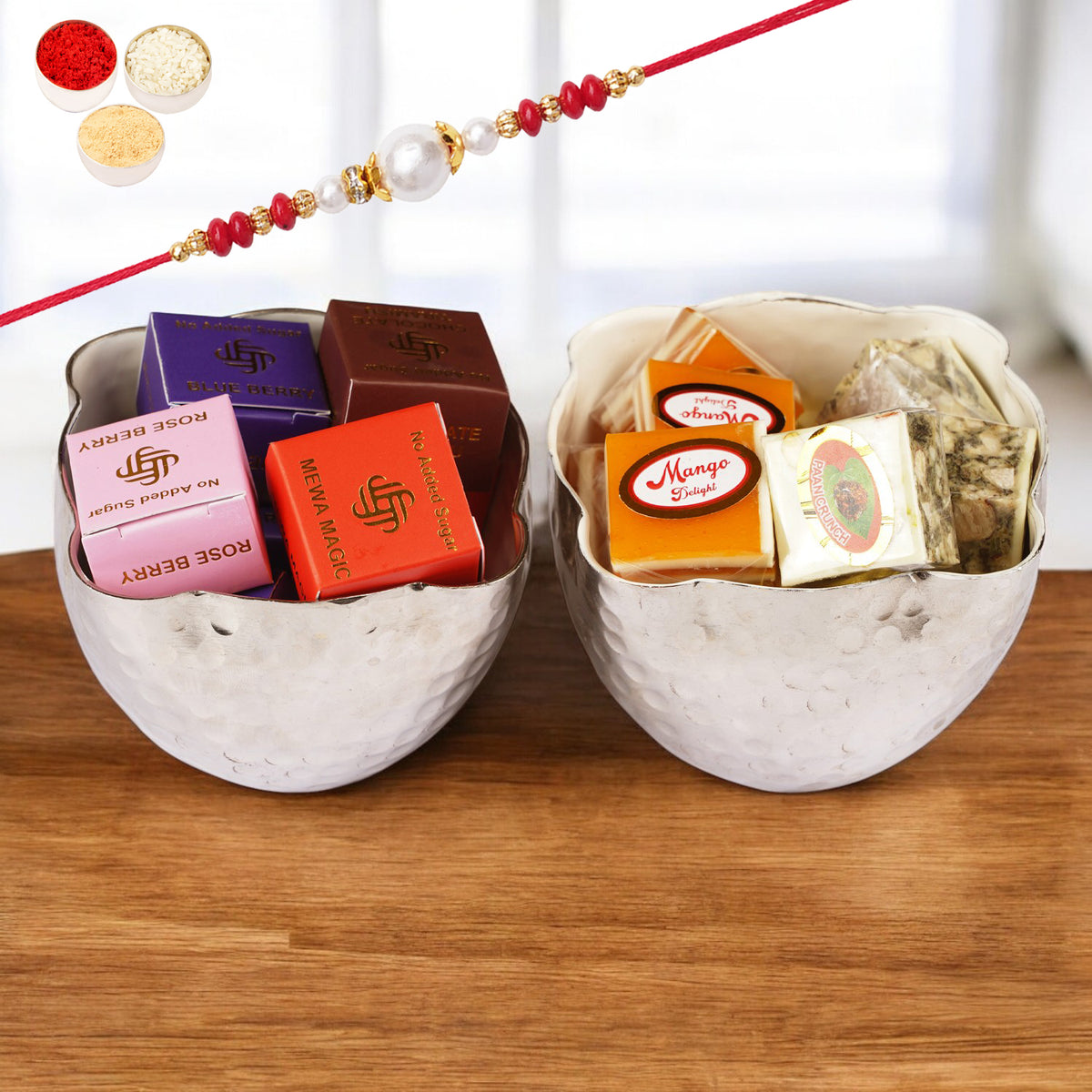 Rakhi Gifts-Silver Bowls with Bites with Rakhi