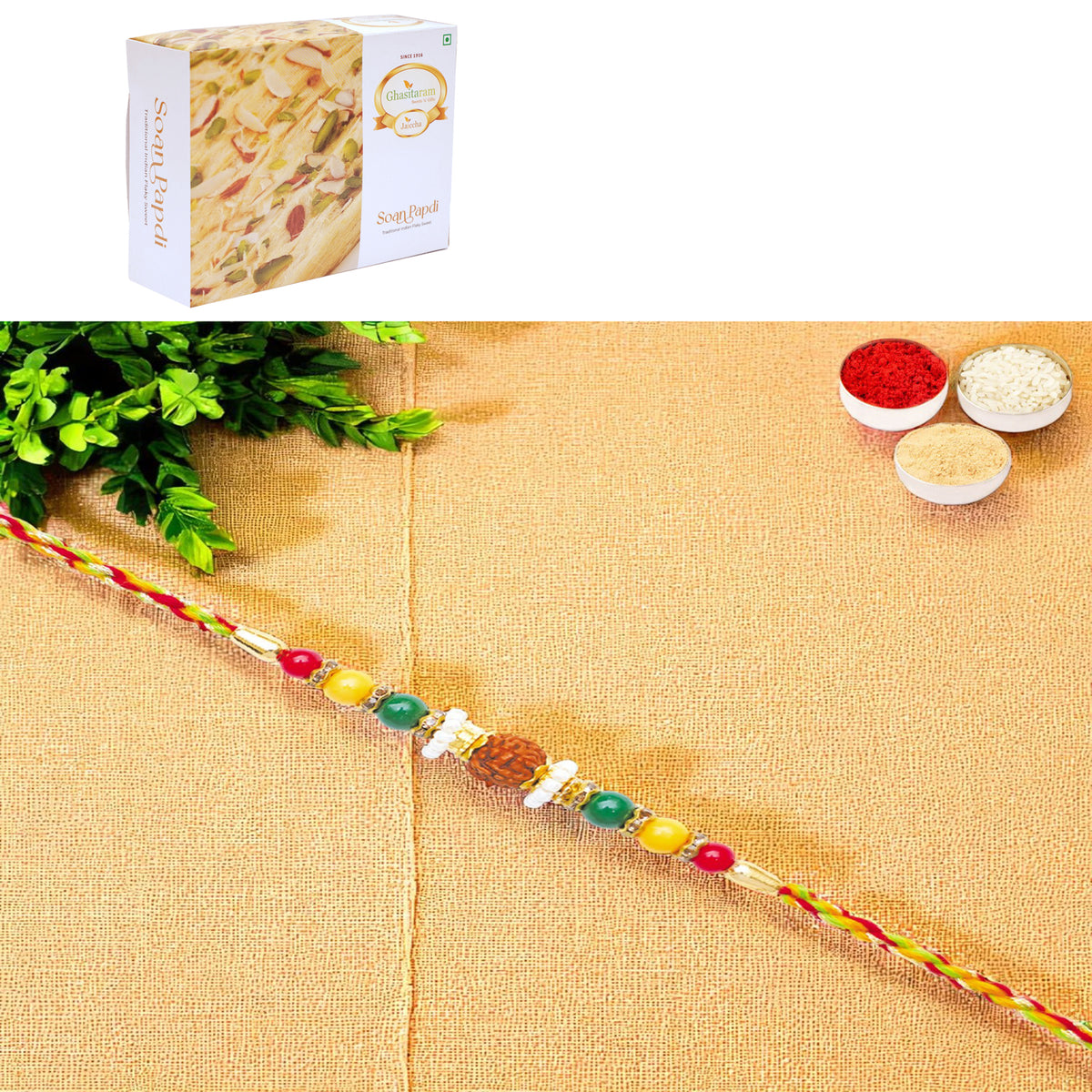 Y-124 Rudraksh Rakhi with 400 gms of Soan Papdi
