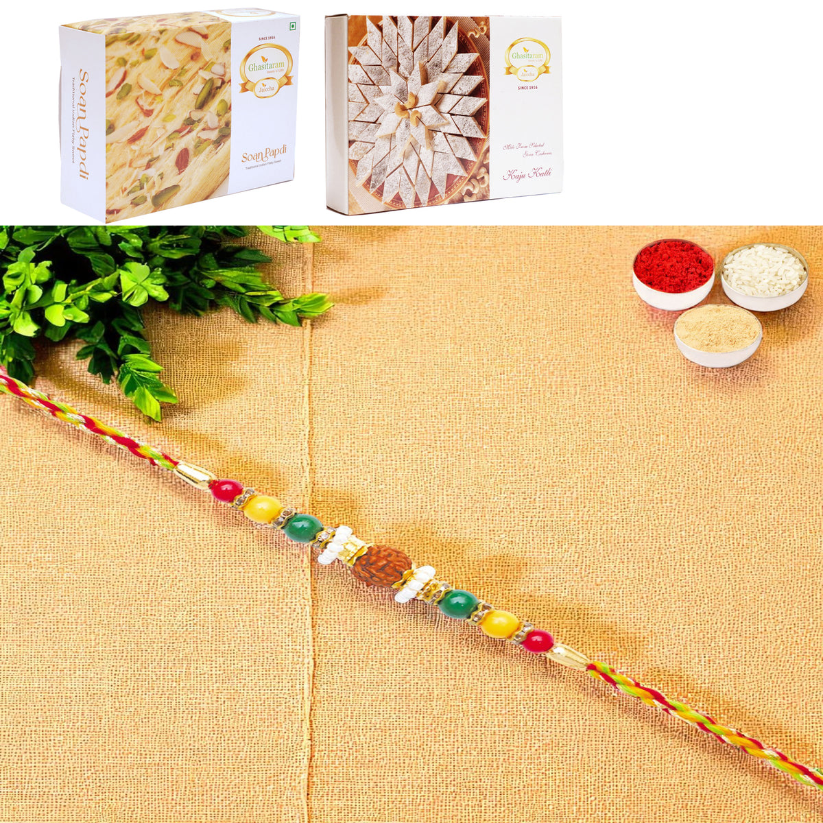 Y-124 Rudraksh Rakhi with 200 gms of Kaju katli and 200 gms of Soan Papdi