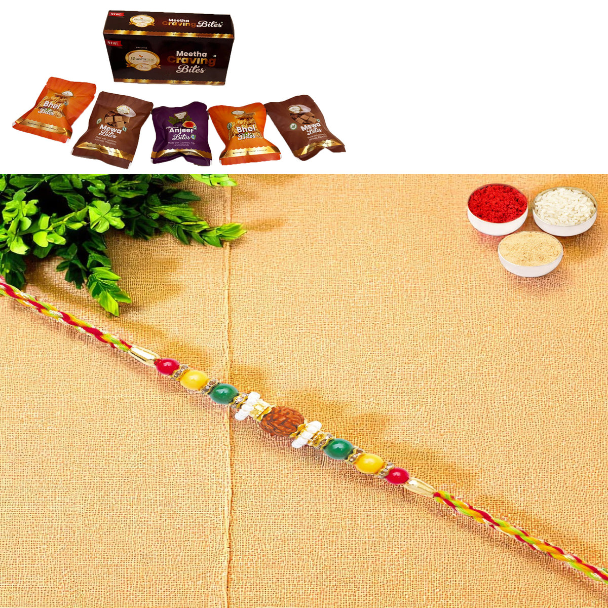 Y-124 Rudraksh Rakhi with Asorted bites box