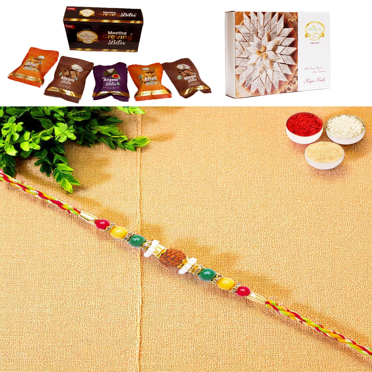 Y-124 Rudraksh Rakhi with Asorted bites box and 200 gms of Kaju katli