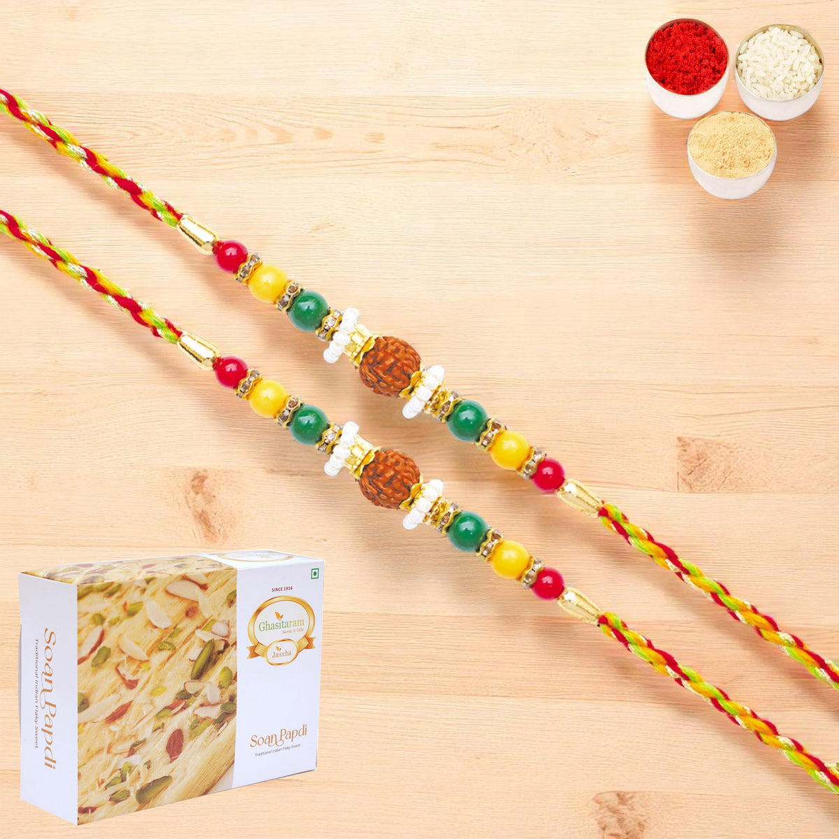 Rakhis Online Australia-Set of 2 - Y-124 Rudraksh Rakhi with 200 gms of Soan Papdi