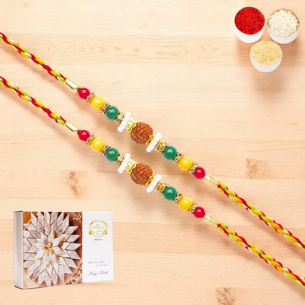 Rakhis Online UK-Set of 2 - Y-124 Rudraksh Rakhi with 200 gms of Kaju katli