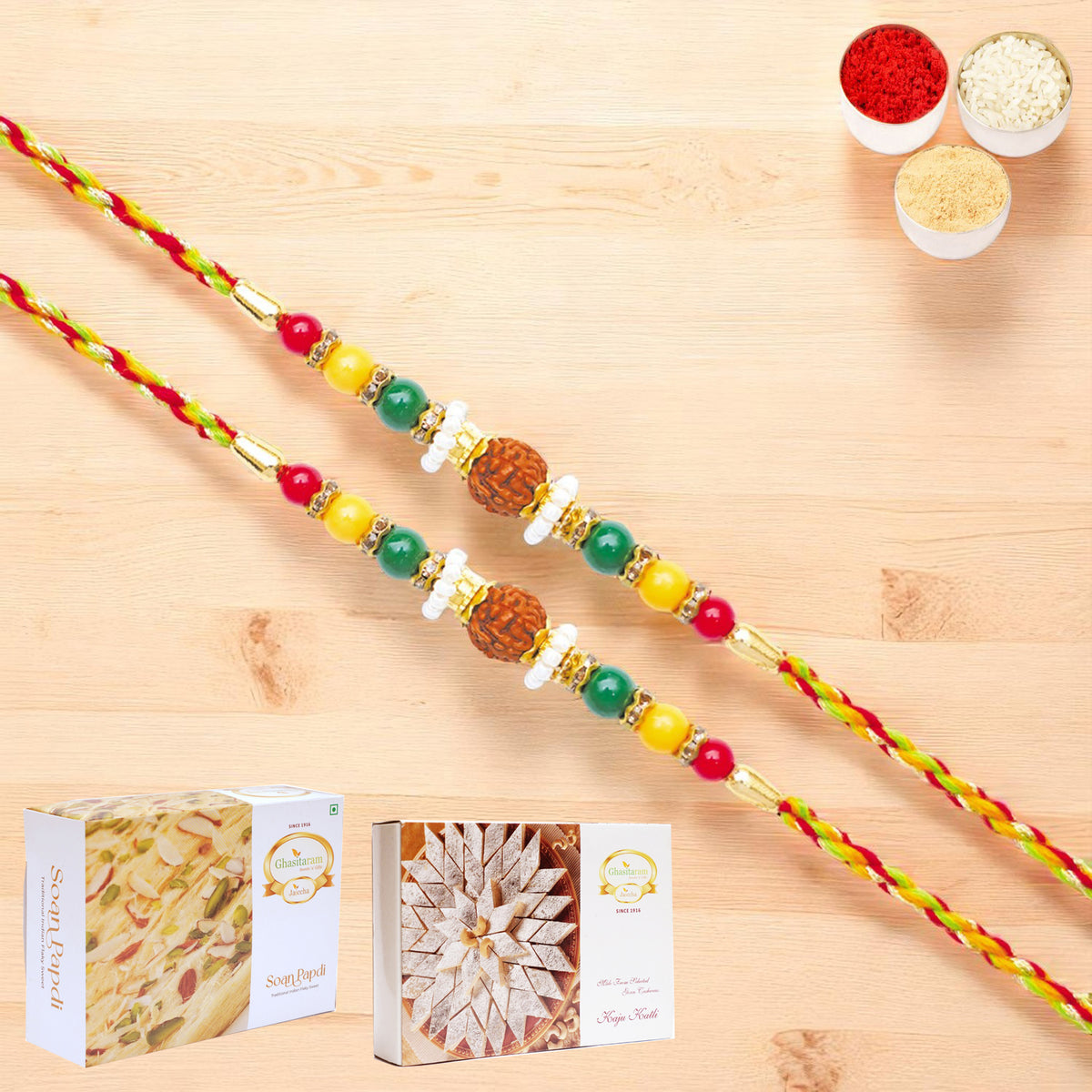 Set of 2 - Y-124 Rudraksh Rakhi with 200 gms of Kaju katli and 200 gms of Soan Papdi