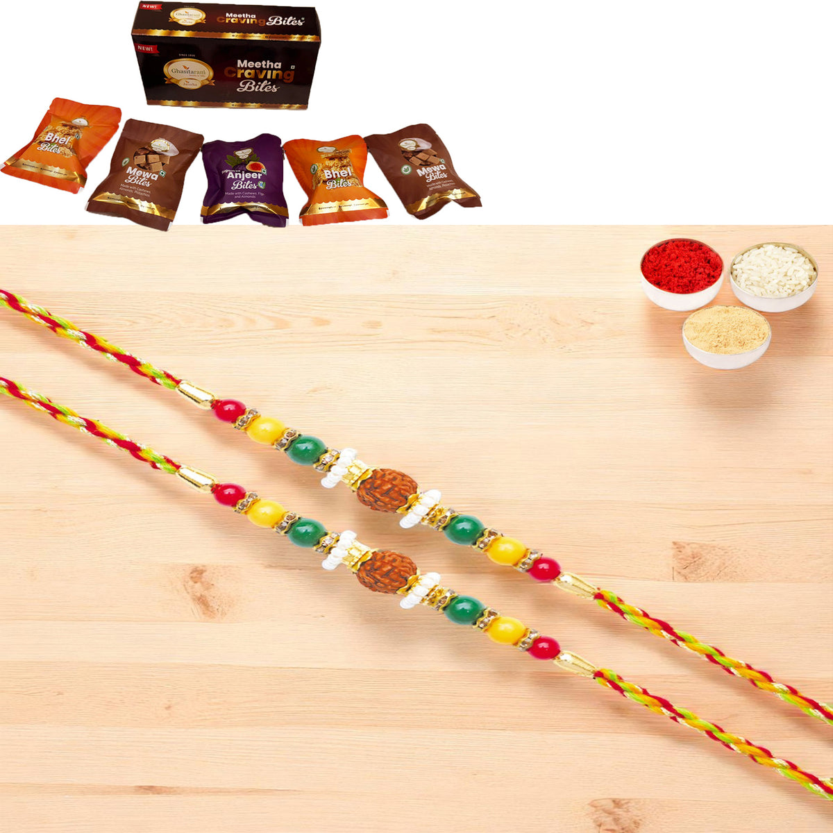 Set of 2 - Y-124 Rudraksh Rakhi with Asorted bites box