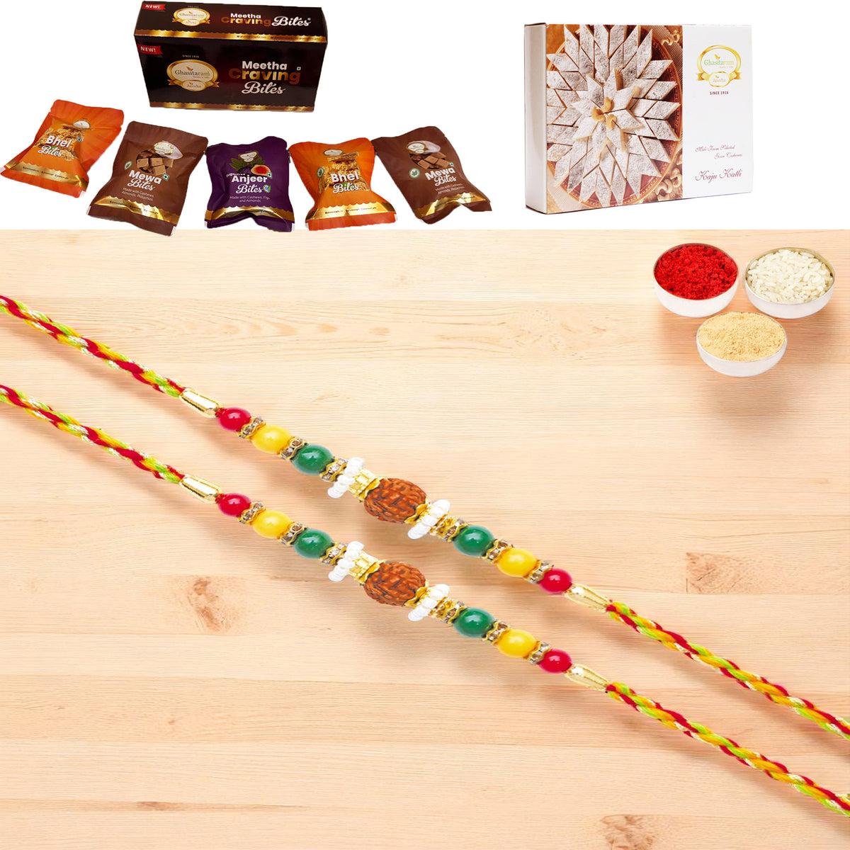 Set of 2 - Y-124 Rudraksh Rakhi with Asorted bites box and 200 gms of Kaju katli