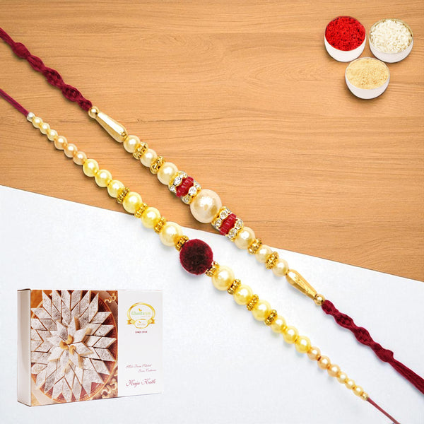 Set of 2 y 37 and y 83 pearl rakhis with 400 gms of Kaju katli