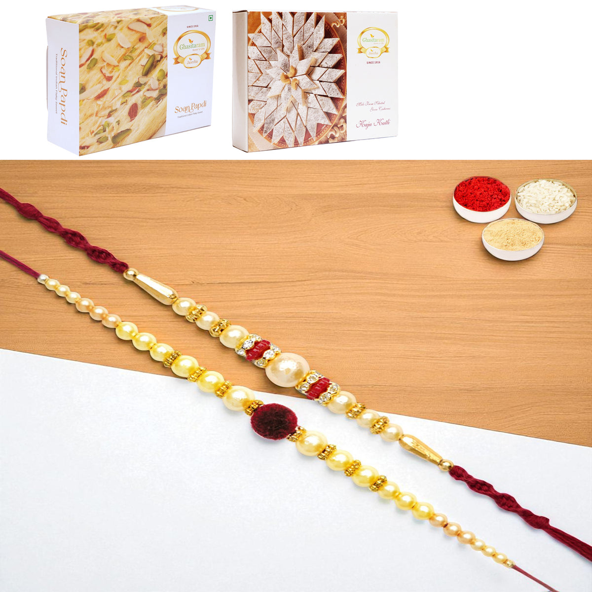 Set of 2 y 37 and y 83 pearl rakhis with 200 gms of Kaju katli and 200 gms of Soan Papdi
