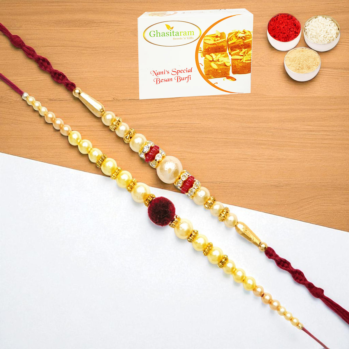 Set of 2 y 37 and y 83 pearl rakhis with 400 gms of Besan Barfi