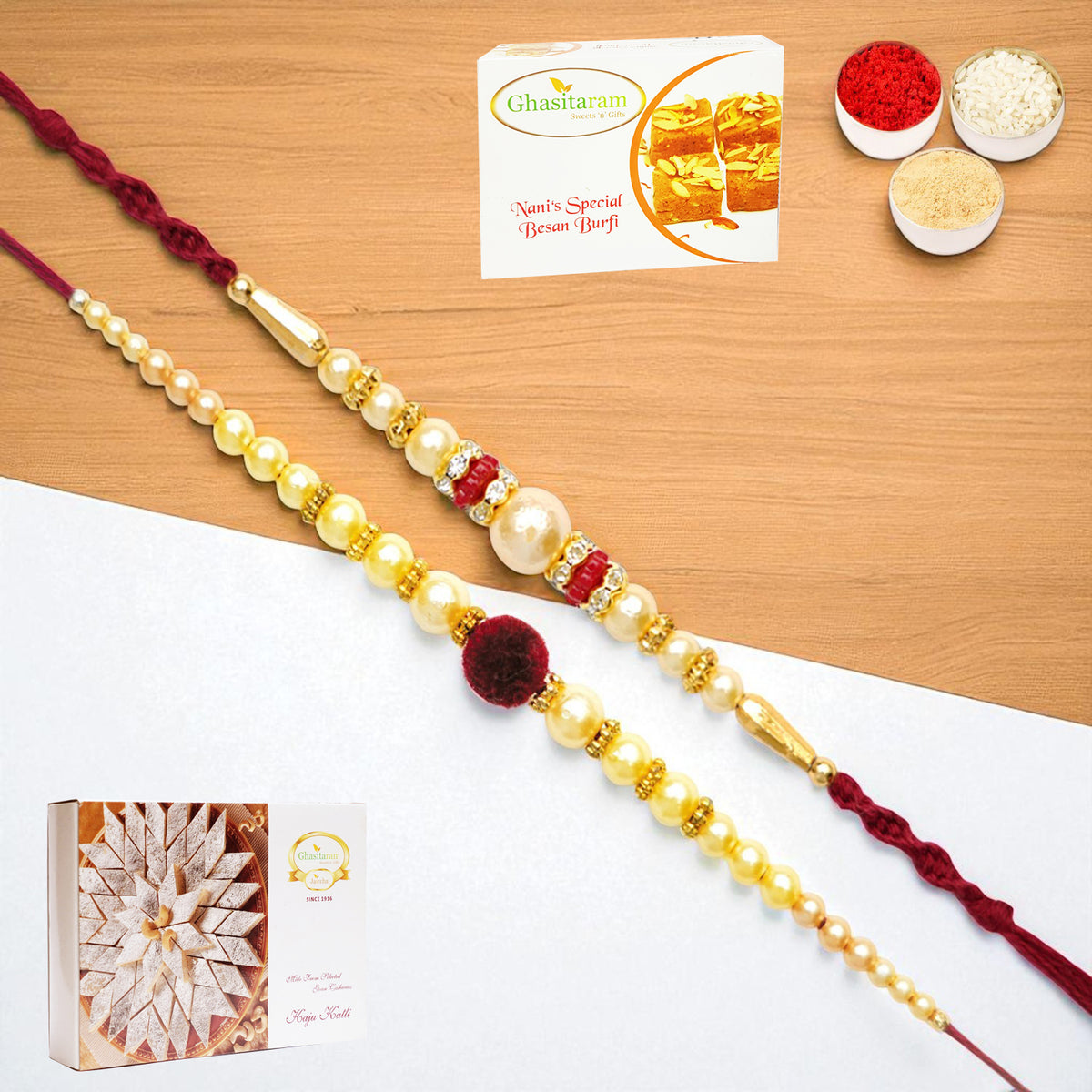 Set of 2 y 37 and y 83 pearl rakhis with 200 gms of Besan Barfi and 200 gms of Kaju Katli