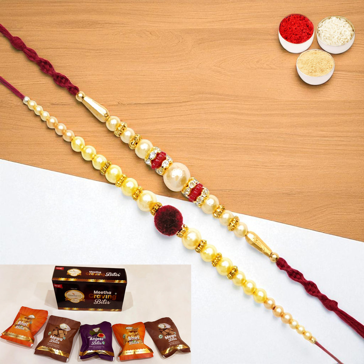 Set of 2 y 37 and y 83 pearl rakhis with Asorted bites box