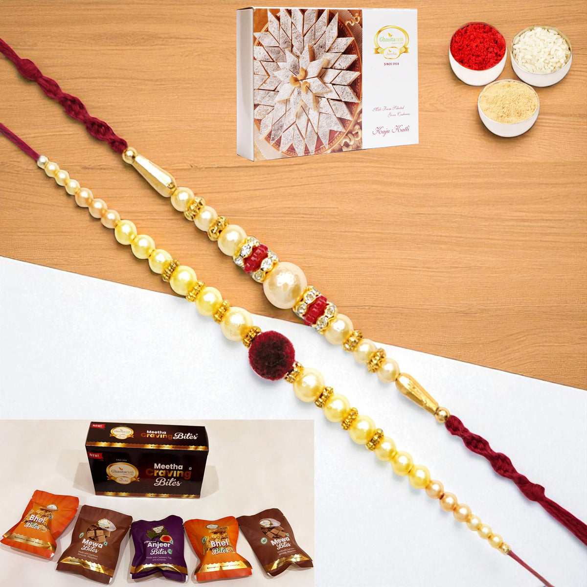Set of 2 y 37 and y 83 pearl rakhis with Asorted bites box and 200 gms of Kaju katli