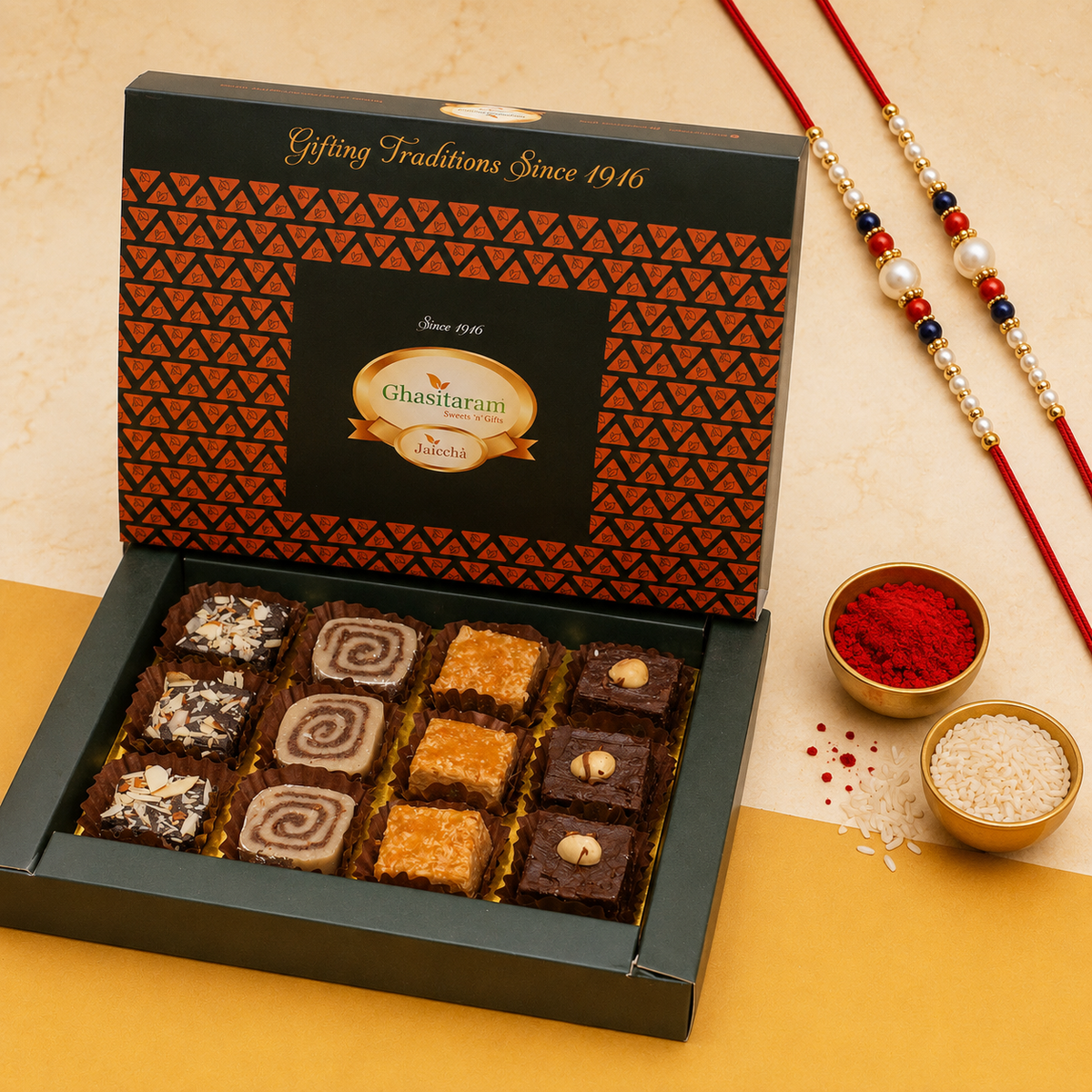 Assorted box of Indian Fusion Sweets 12 pcs with 2 Rakhis