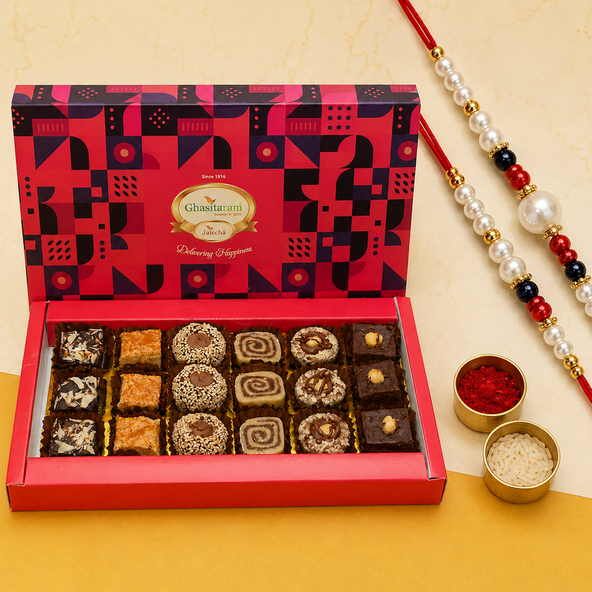 Assorted box of Indian Fusion Sweets 18 pcs with 2 Rakhis