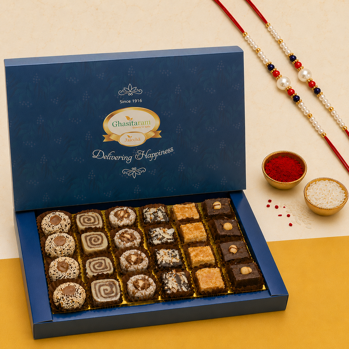 Assorted box of Indian Fusion Sweets 24 pcs with 2 Rakhis
