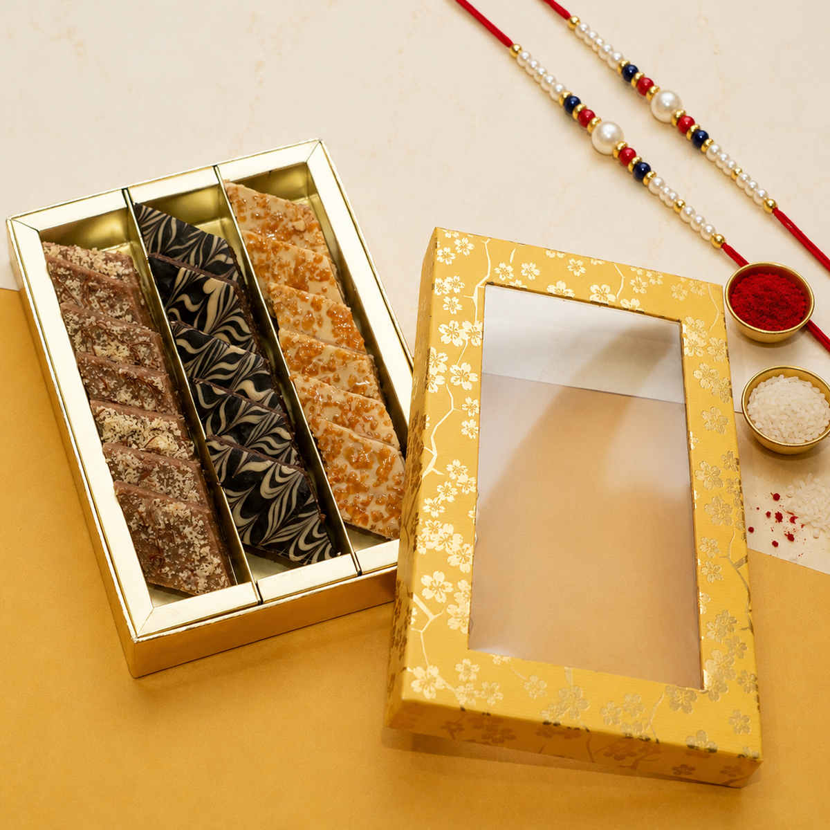 Gift box of hazelnut katli, caramel katlis, and chocolate kaju katlis/ Fusion Sweets