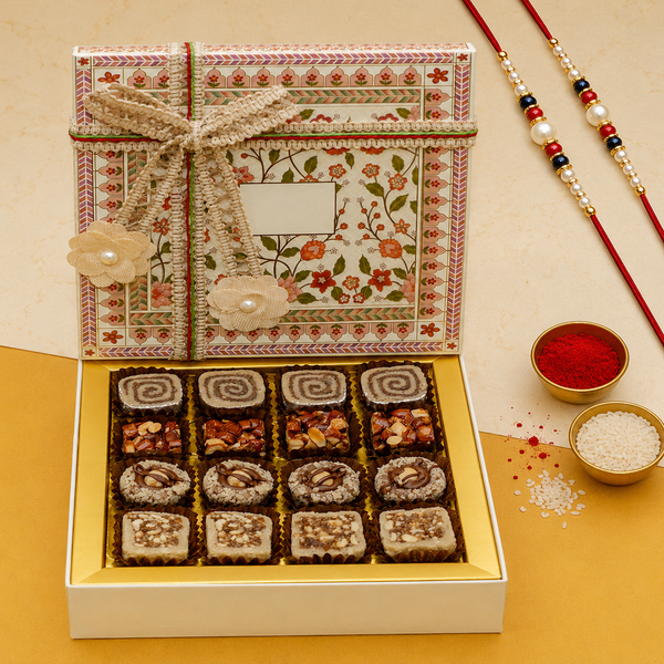 White Gift box of Best Assorted Sweets 16 pcs with 2 Rakhis