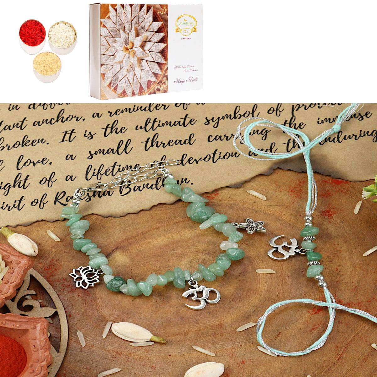 Green Aventurine Om Bracelet Bhaiya Bhabhi Rakhi-018 with 400 gms of Kaju katli