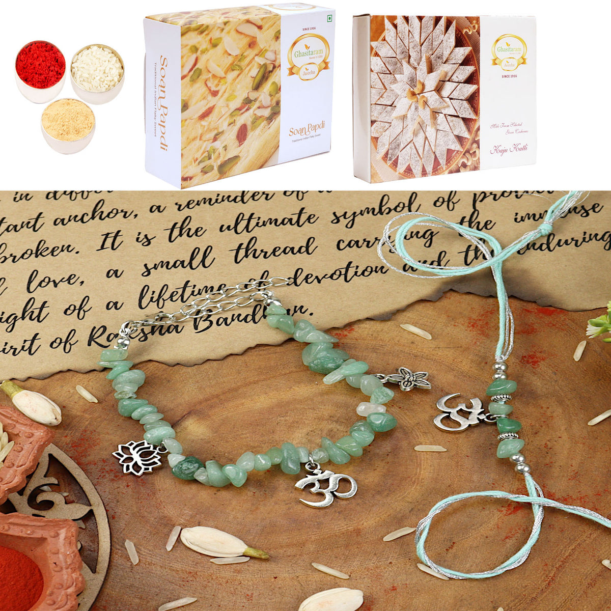 Green Aventurine Om Bracelet Bhaiya Bhabhi Rakhi-018 with 200 gms of Kaju katli and 200 gms of Soan Papdi