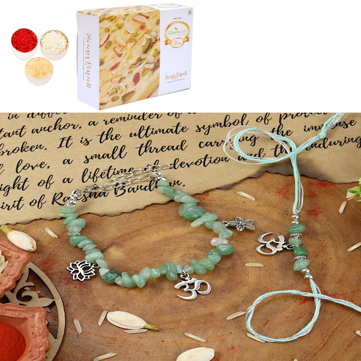 Green Aventurine Om Bracelet Bhaiya Bhabhi Rakhi-018 with 400 gms of Soan Papdi