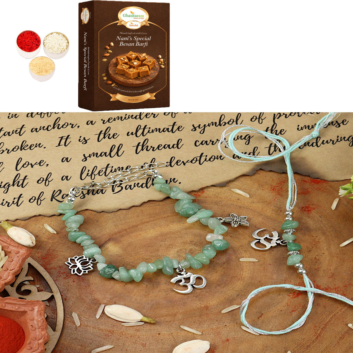 Green Aventurine Om Bracelet Bhaiya Bhabhi Rakhi-018 with 400 gms of Besan Barfi