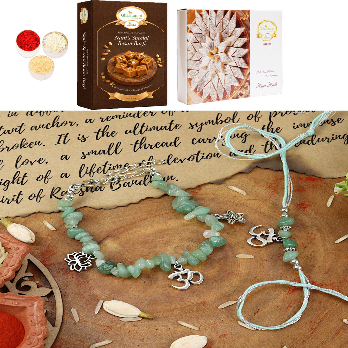 Green Aventurine Om Bracelet Bhaiya Bhabhi Rakhi-018 with 200 gms of Besan Barfi and 200 gms of Kaju Katli