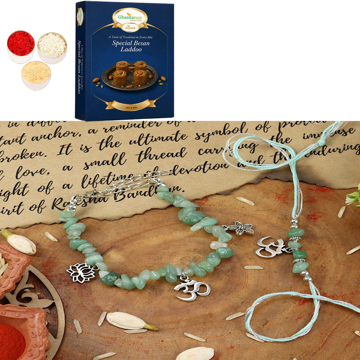 Green Aventurine Om Bracelet Bhaiya Bhabhi Rakhi-018 with 200 gms of Besan Laddoo