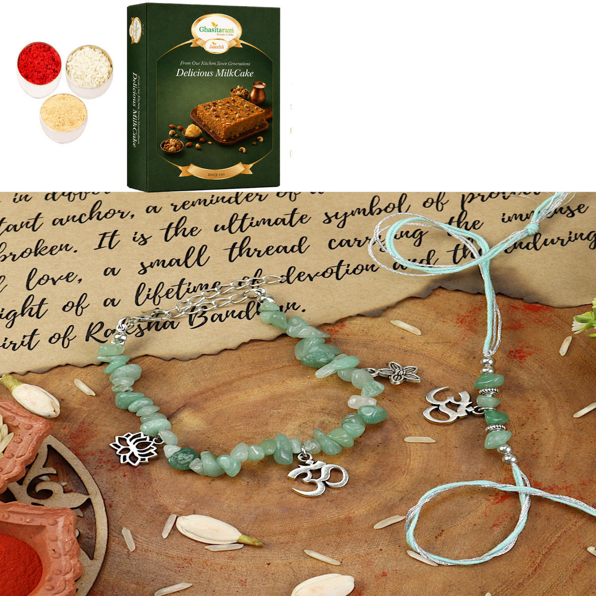 Green Aventurine Om Bracelet Bhaiya Bhabhi Rakhi-018 with 200 gms of Milk Cake