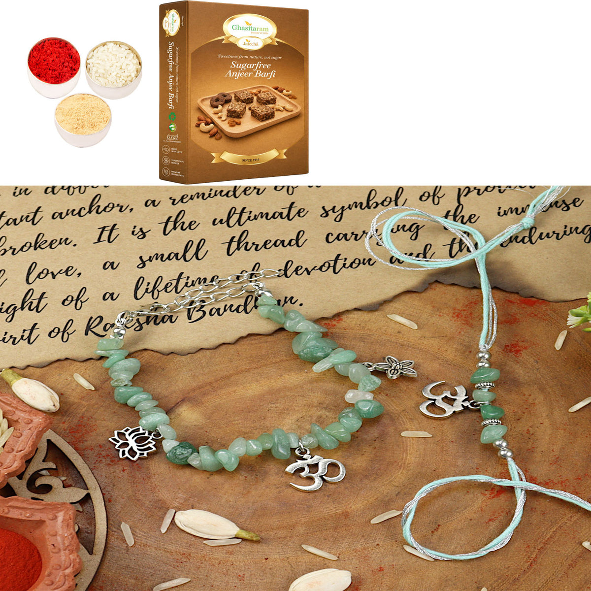 Green Aventurine Om Bracelet Bhaiya Bhabhi Rakhi-018 with 200 gms of Sugarfree Anjeer Barfi