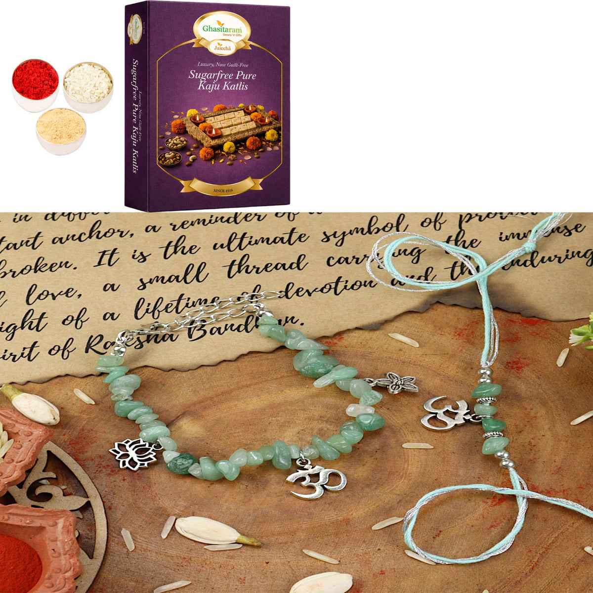 Green Aventurine Om Bracelet Bhaiya Bhabhi Rakhi-018 with 200 gms of Sugarfree Kaju katli