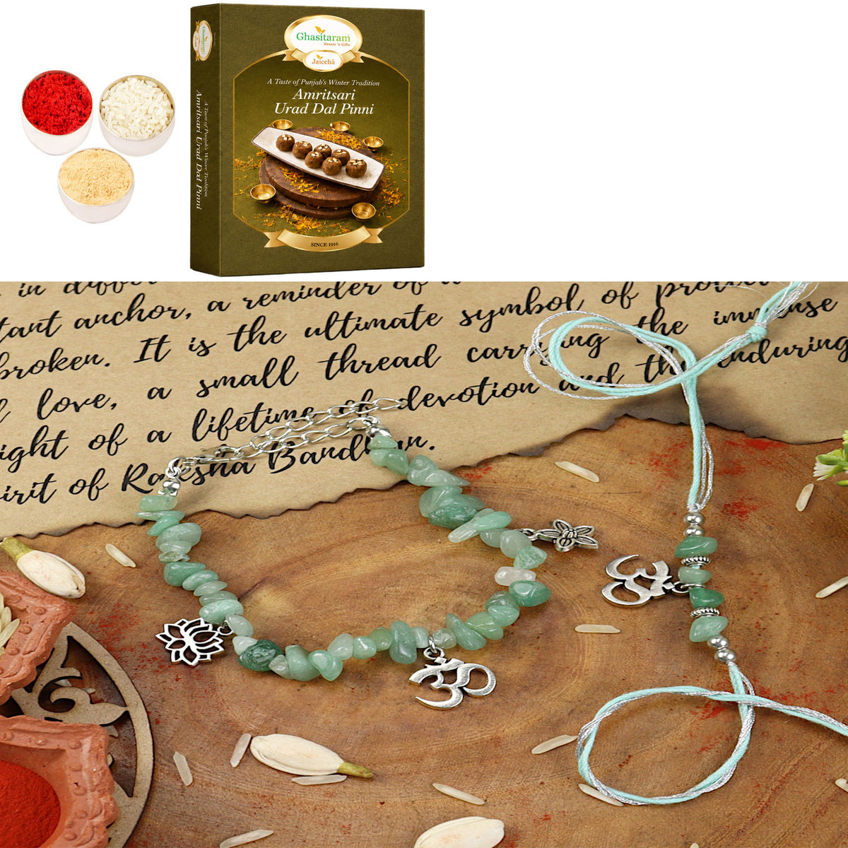 Green Aventurine Om Bracelet Bhaiya Bhabhi Rakhi-018 with 200 gms of Pinni 