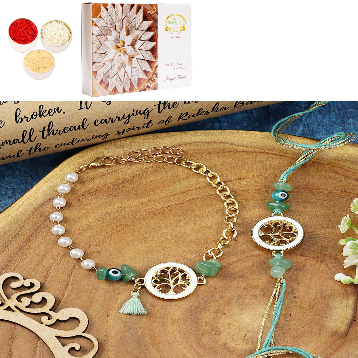 Tree of Life Aventurine Evil Eye BraceletBhaiya Bhabhi Rakhi- 020 with 400 gms of Kaju katli