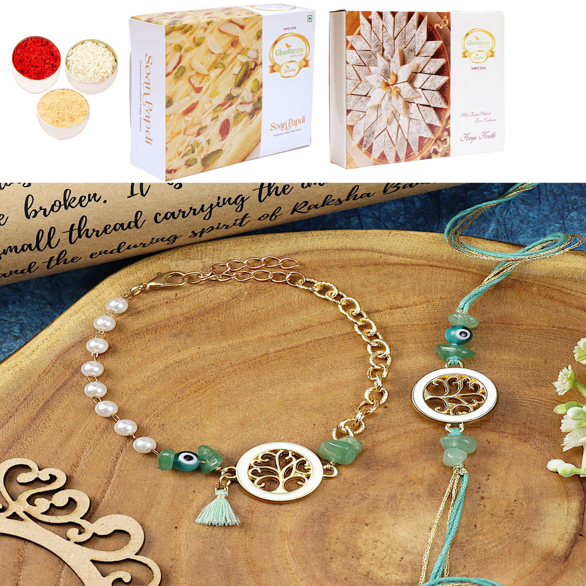 Tree of Life Aventurine Evil Eye BraceletBhaiya Bhabhi Rakhi- 020 with 200 gms of Kaju katli and 200 gms of Soan Papdi
