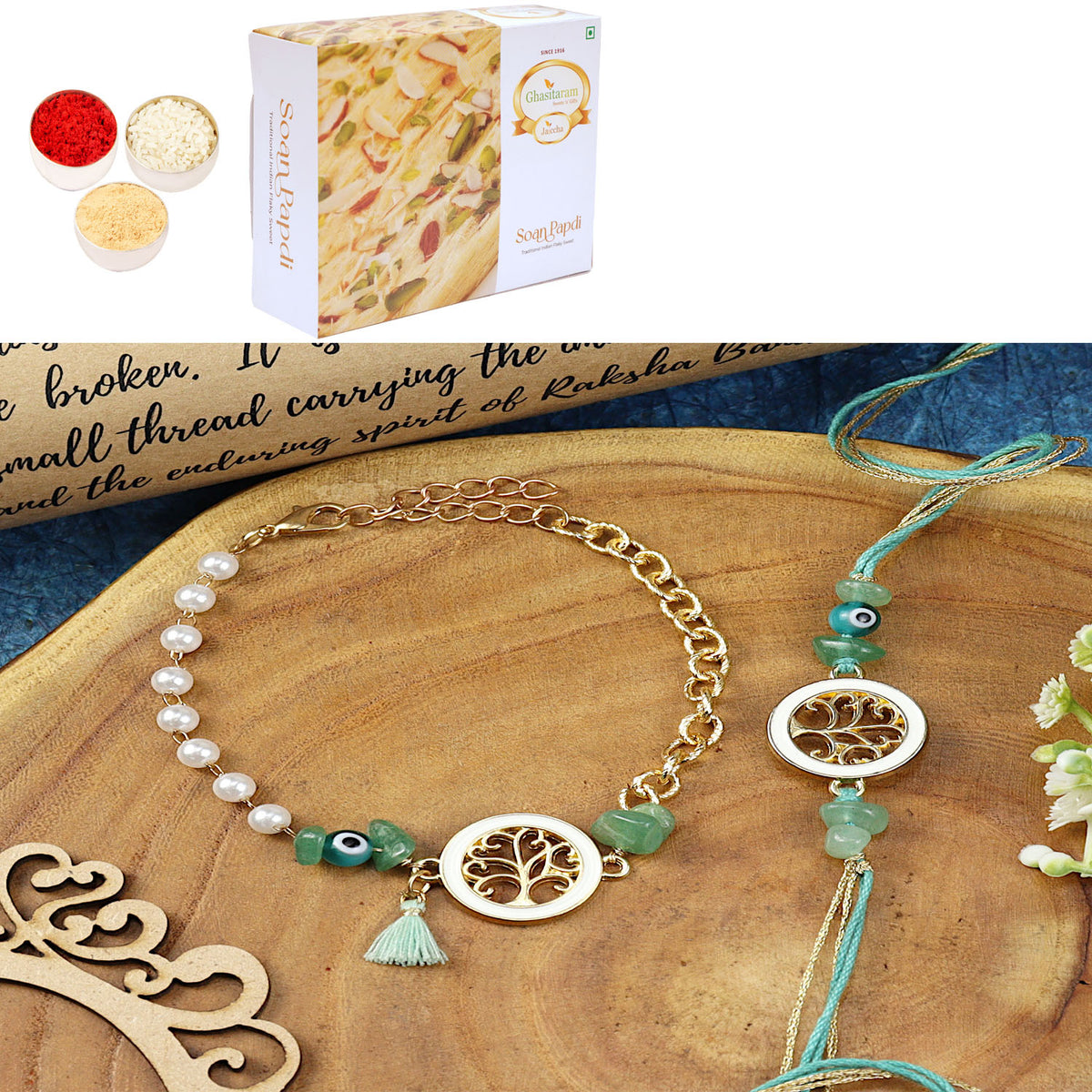 Tree of Life Aventurine Evil Eye BraceletBhaiya Bhabhi Rakhi- 020 with 400 gms of Soan Papdi