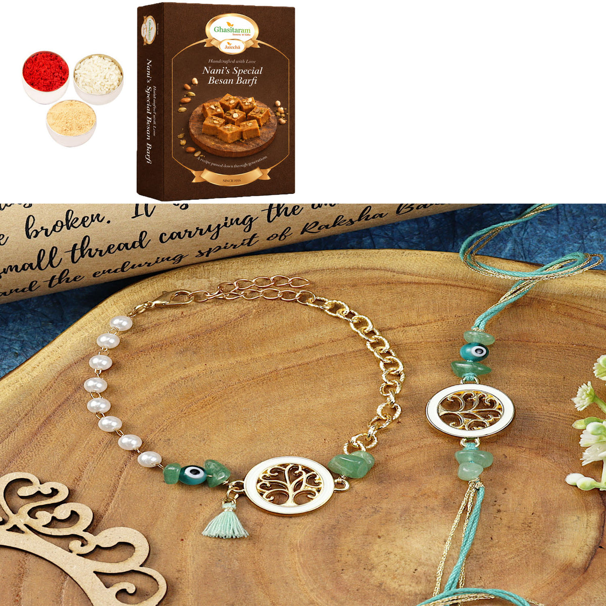 Tree of Life Aventurine Evil Eye BraceletBhaiya Bhabhi Rakhi- 020 with 400 gms of Besan Barfi