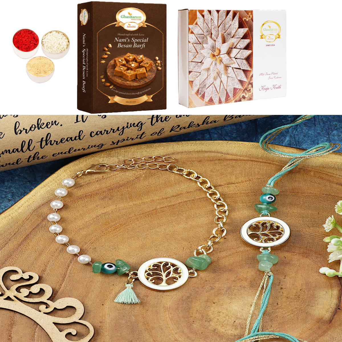 Tree of Life Aventurine Evil Eye BraceletBhaiya Bhabhi Rakhi- 020 with 200 gms of Besan Barfi and 200 gms of Kaju Katli