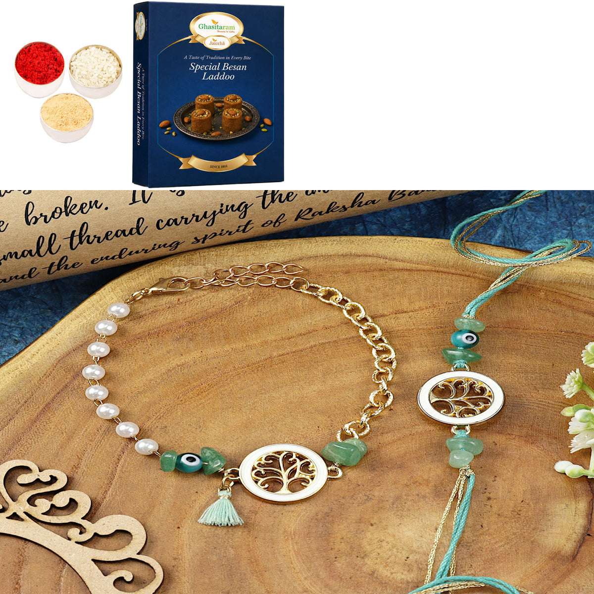 Tree of Life Aventurine Evil Eye BraceletBhaiya Bhabhi Rakhi- 020 with 200 gms of Besan Laddoo