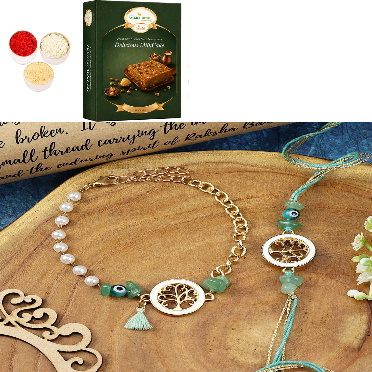 Tree of Life Aventurine Evil Eye BraceletBhaiya Bhabhi Rakhi- 020 with 200 gms of Milk Cake