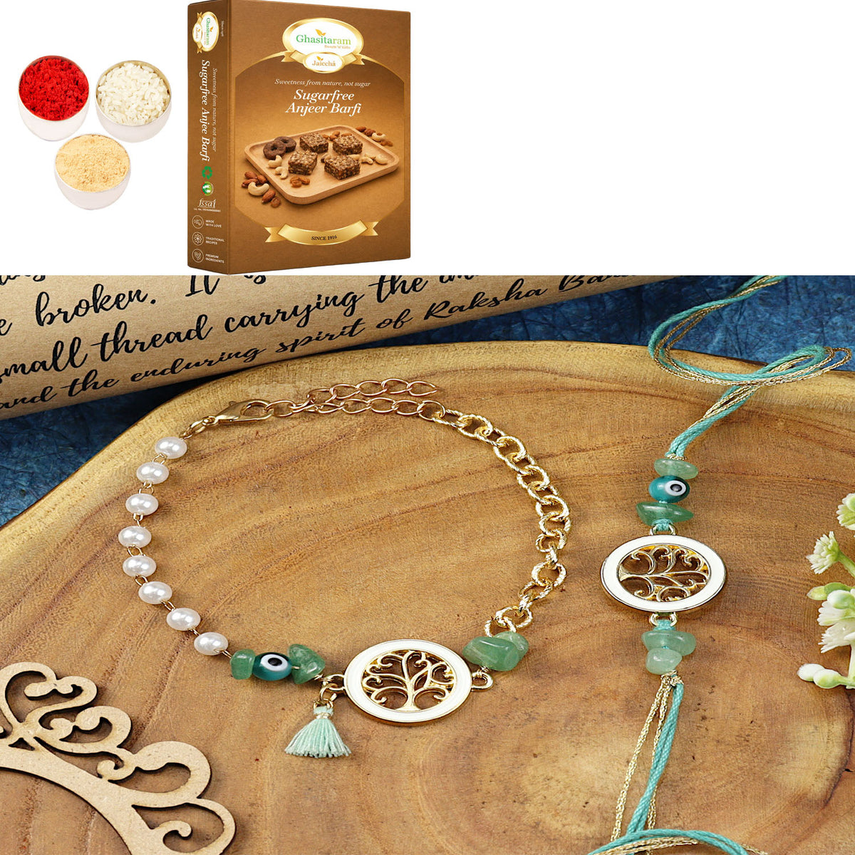 Tree of Life Aventurine Evil Eye BraceletBhaiya Bhabhi Rakhi- 020 with 200 gms of Sugarfree Anjeer Barfi