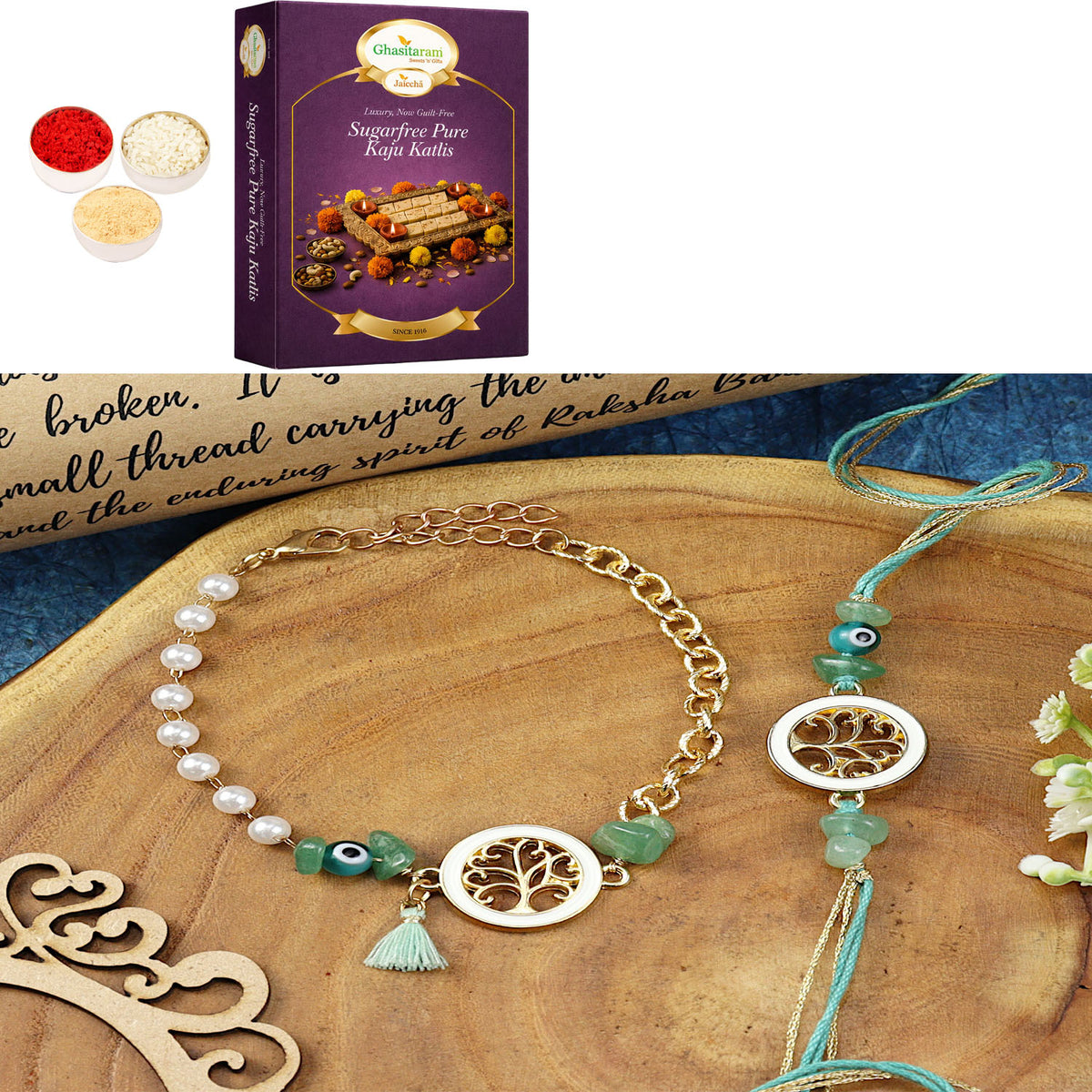 Tree of Life Aventurine Evil Eye BraceletBhaiya Bhabhi Rakhi- 020 with 200 gms of Sugarfree Kaju katli
