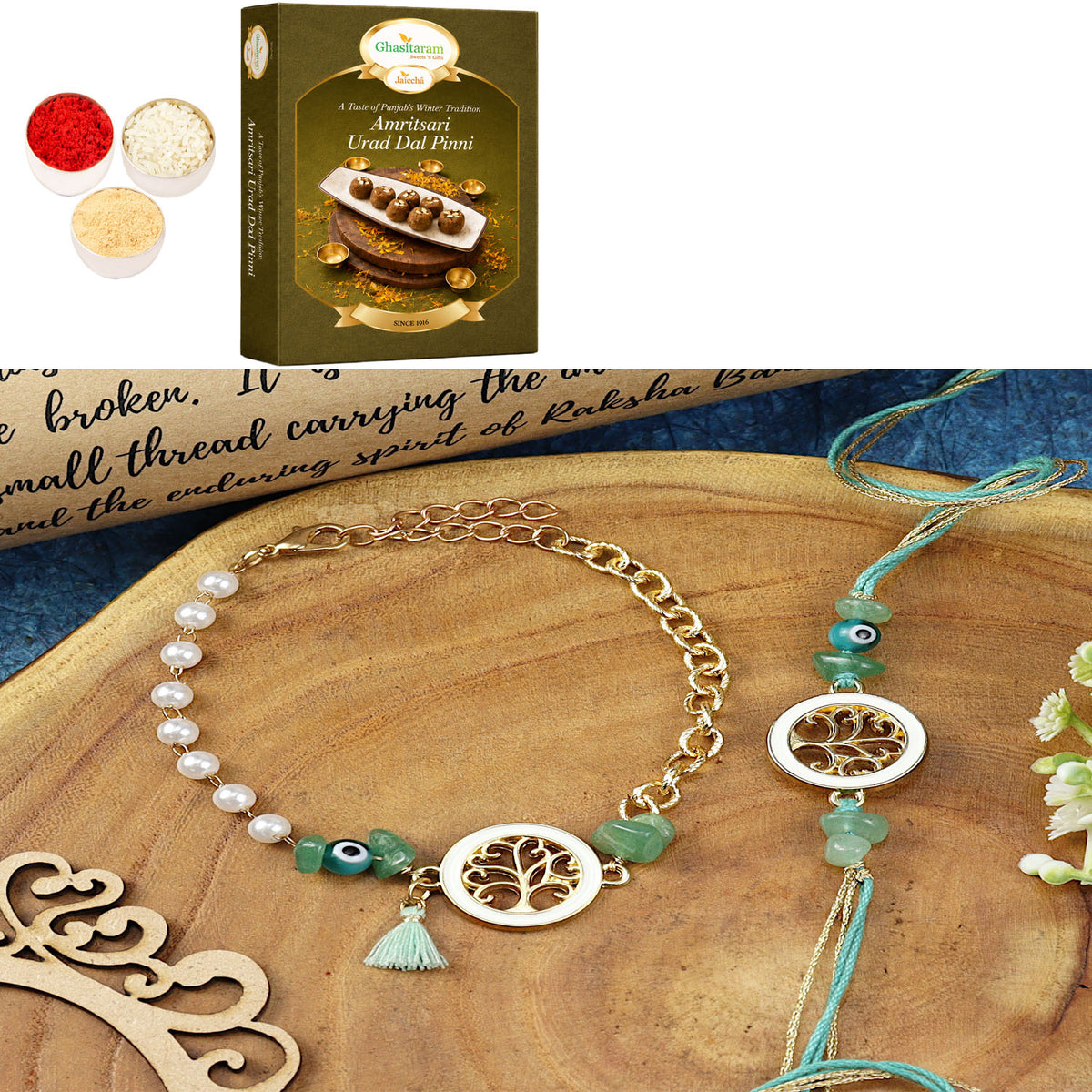 Tree of Life Aventurine Evil Eye BraceletBhaiya Bhabhi Rakhi- 020 with 200 gms of Pinni 