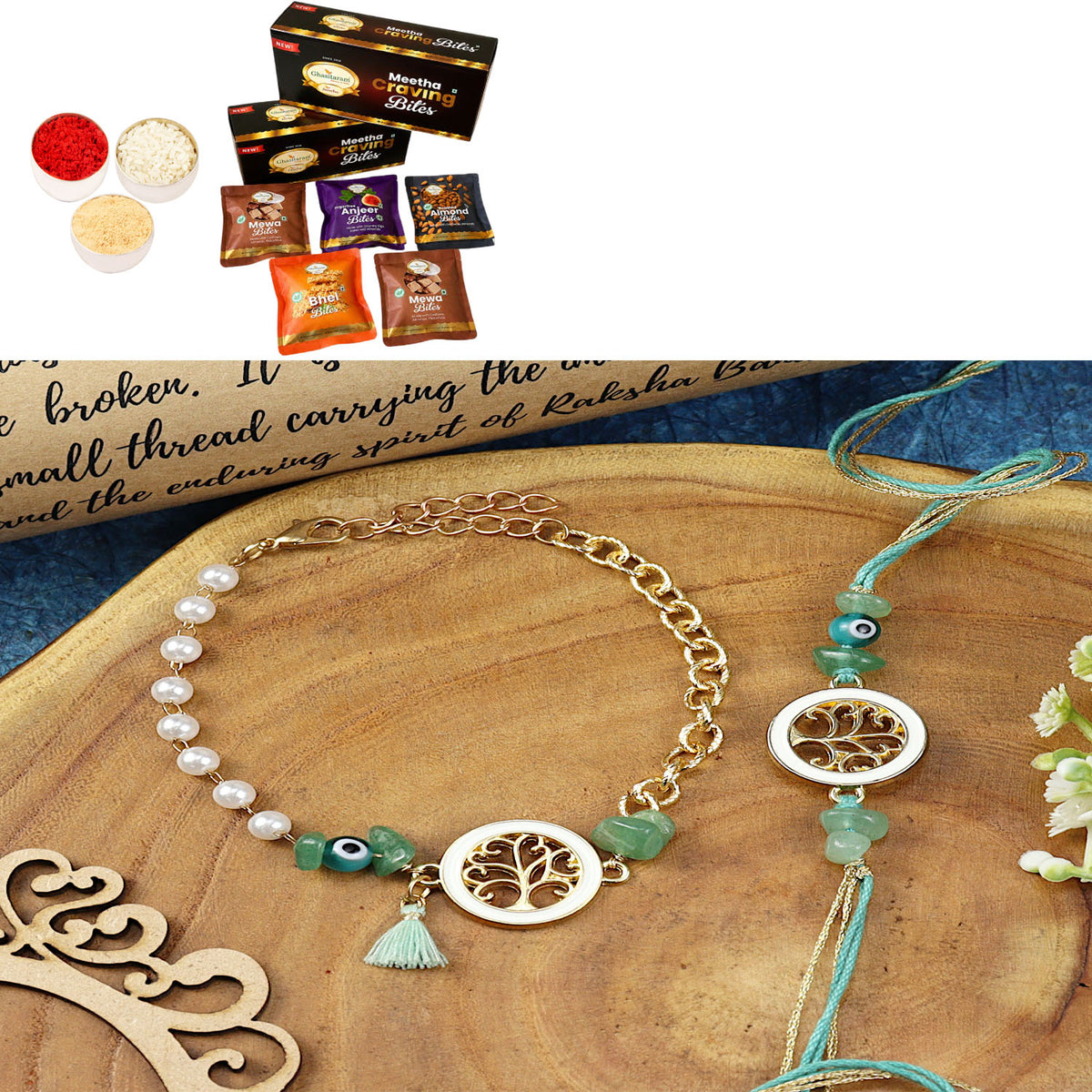 Tree of Life Aventurine Evil Eye BraceletBhaiya Bhabhi Rakhi- 020 with Asorted bites box