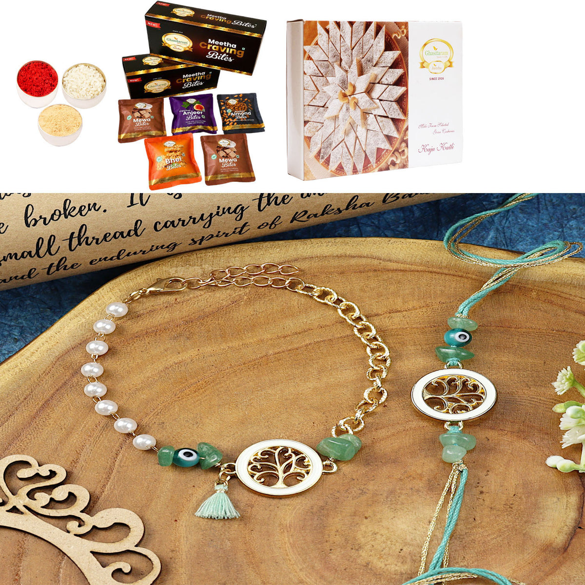 Tree of Life Aventurine Evil Eye BraceletBhaiya Bhabhi Rakhi- 020 with Asorted bites box and 200 gms of Kaju katli