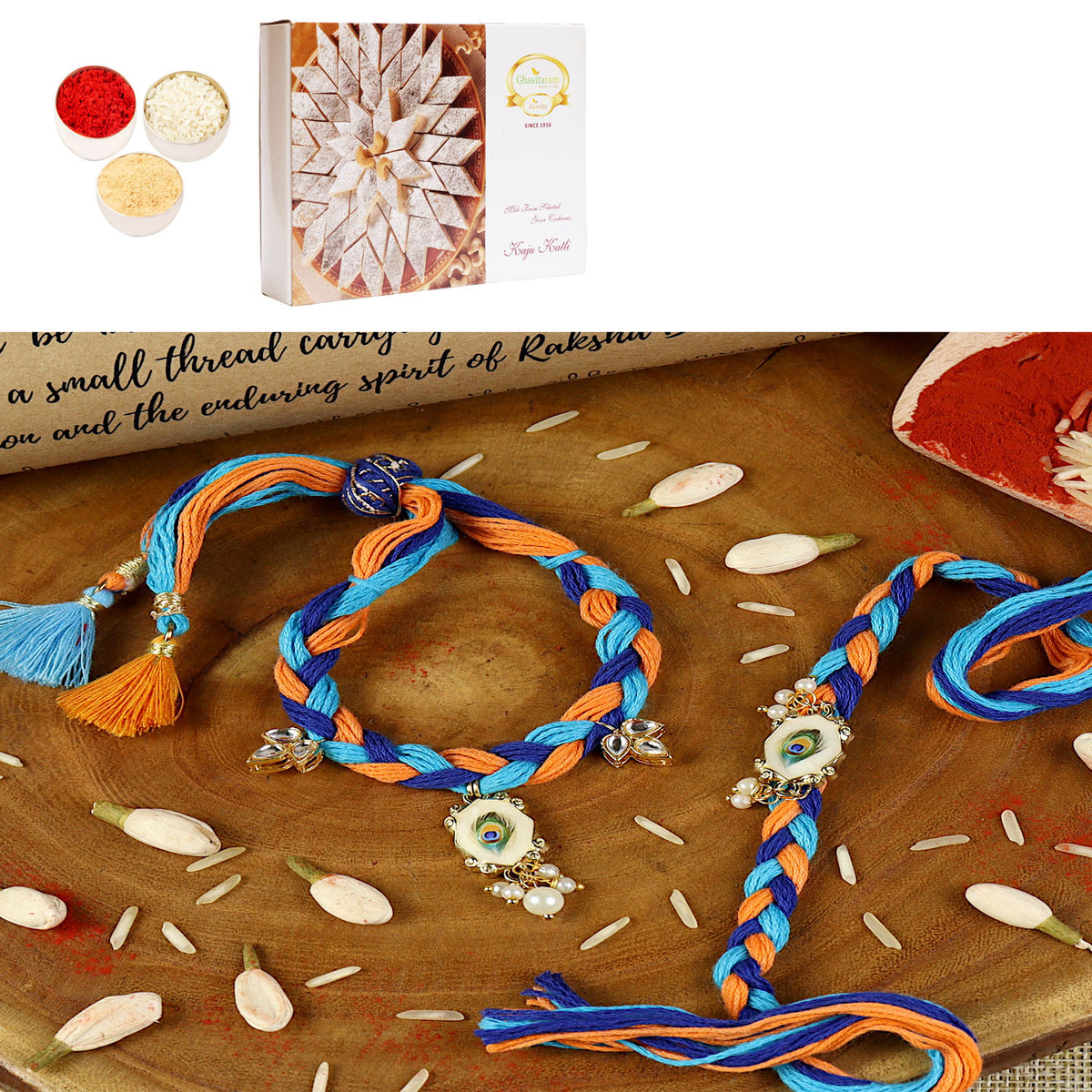 Handwoven peacock feather bracelet Bhaiya Bhabhi rakhi- 032  with 400 gms of Kaju katli