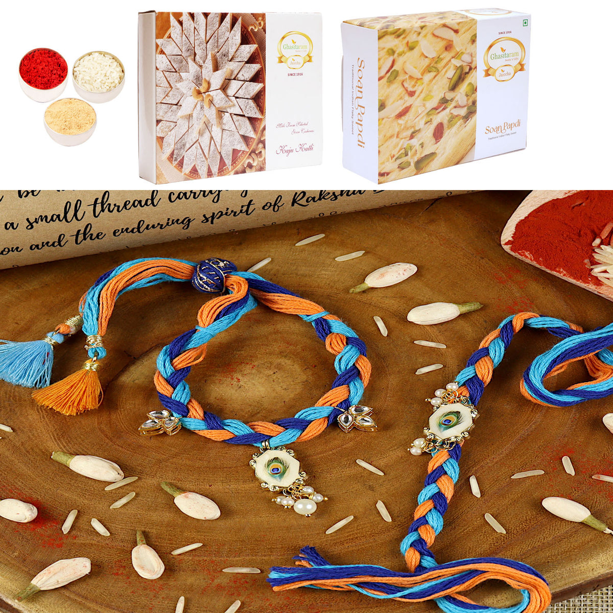 Handwoven peacock feather bracelet Bhaiya Bhabhi rakhi- 032  with 200 gms of Kaju katli and 200 gms of Soan Papdi
