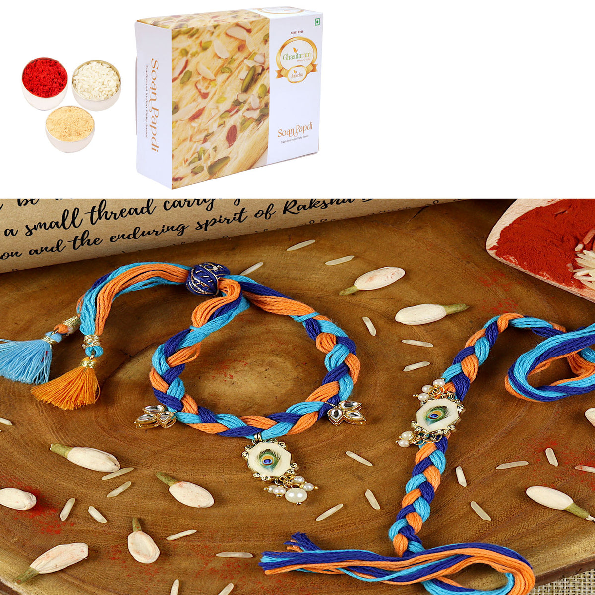 Handwoven peacock feather bracelet Bhaiya Bhabhi rakhi- 032  with 400 gms of Soan Papdi
