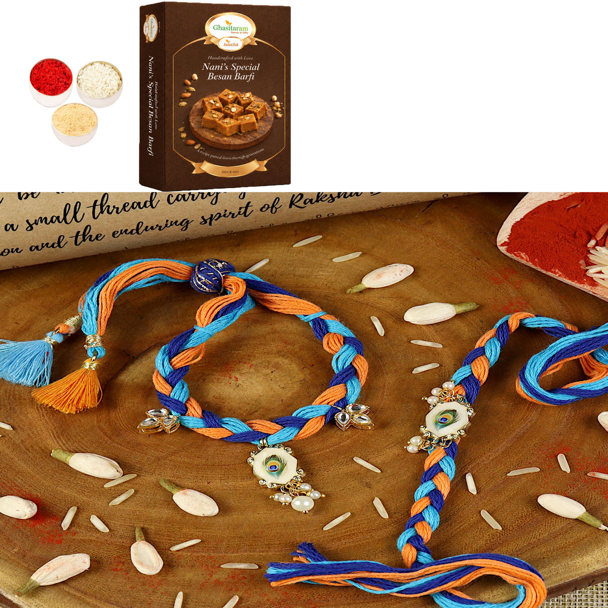 Handwoven peacock feather bracelet Bhaiya Bhabhi rakhi- 032  with 400 gms of Besan Barfi